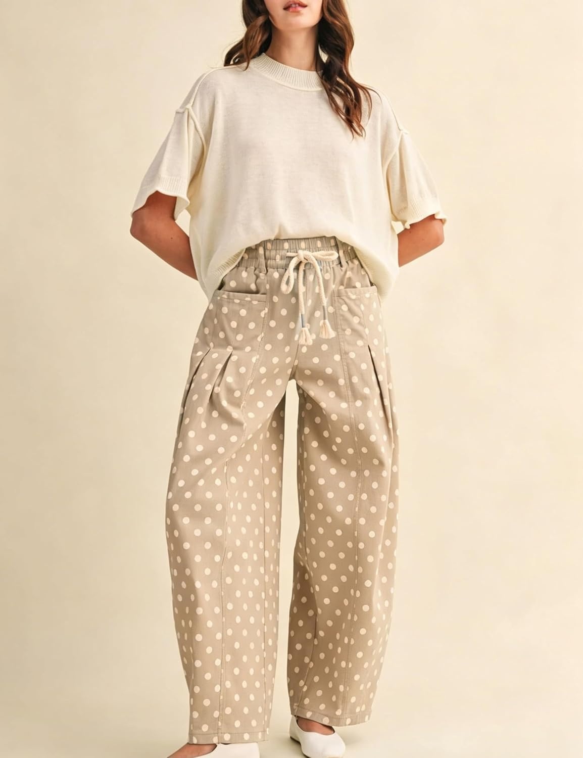 imageSpringrain Womens Polka Dot Wide Leg Pants High Waist Drawstring Pleated Barrel Trousers with PocketsKhaki
