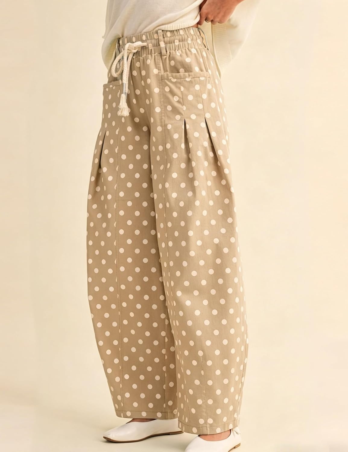 imageSpringrain Womens Polka Dot Wide Leg Pants High Waist Drawstring Pleated Barrel Trousers with PocketsKhaki