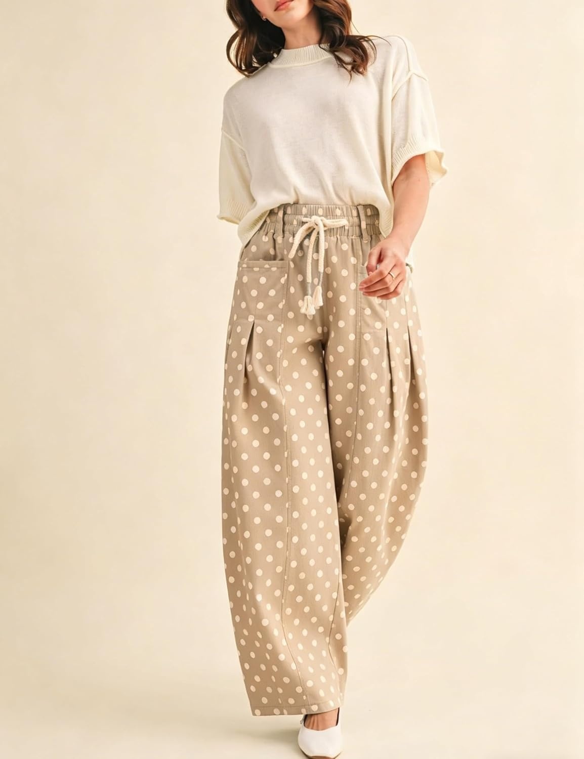 imageSpringrain Womens Polka Dot Wide Leg Pants High Waist Drawstring Pleated Barrel Trousers with PocketsKhaki
