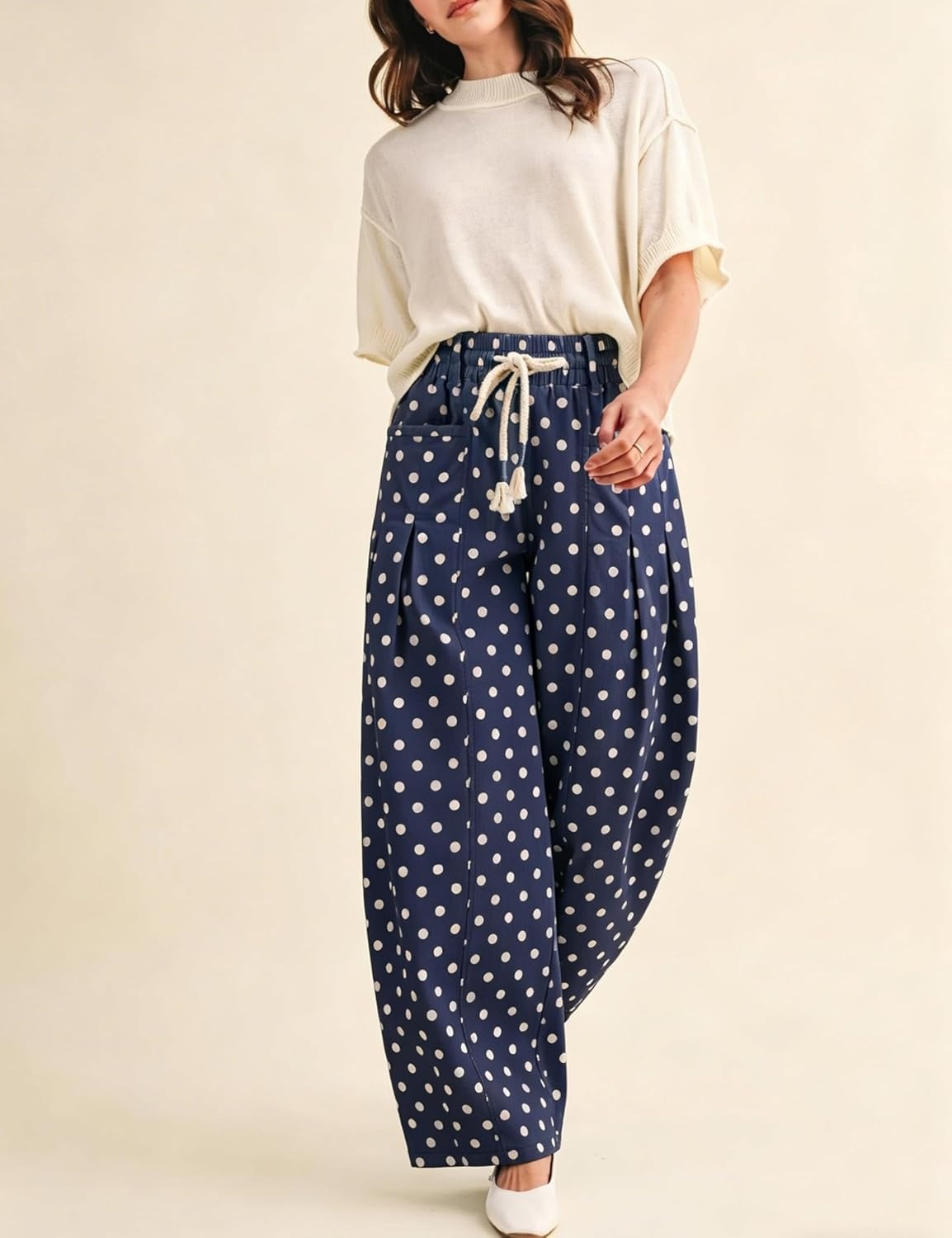 imageSpringrain Womens Polka Dot Wide Leg Pants High Waist Drawstring Pleated Barrel Trousers with PocketsNavy
