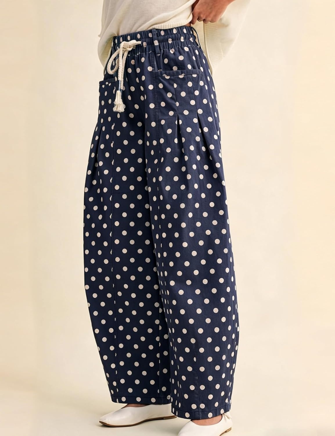 imageSpringrain Womens Polka Dot Wide Leg Pants High Waist Drawstring Pleated Barrel Trousers with PocketsNavy