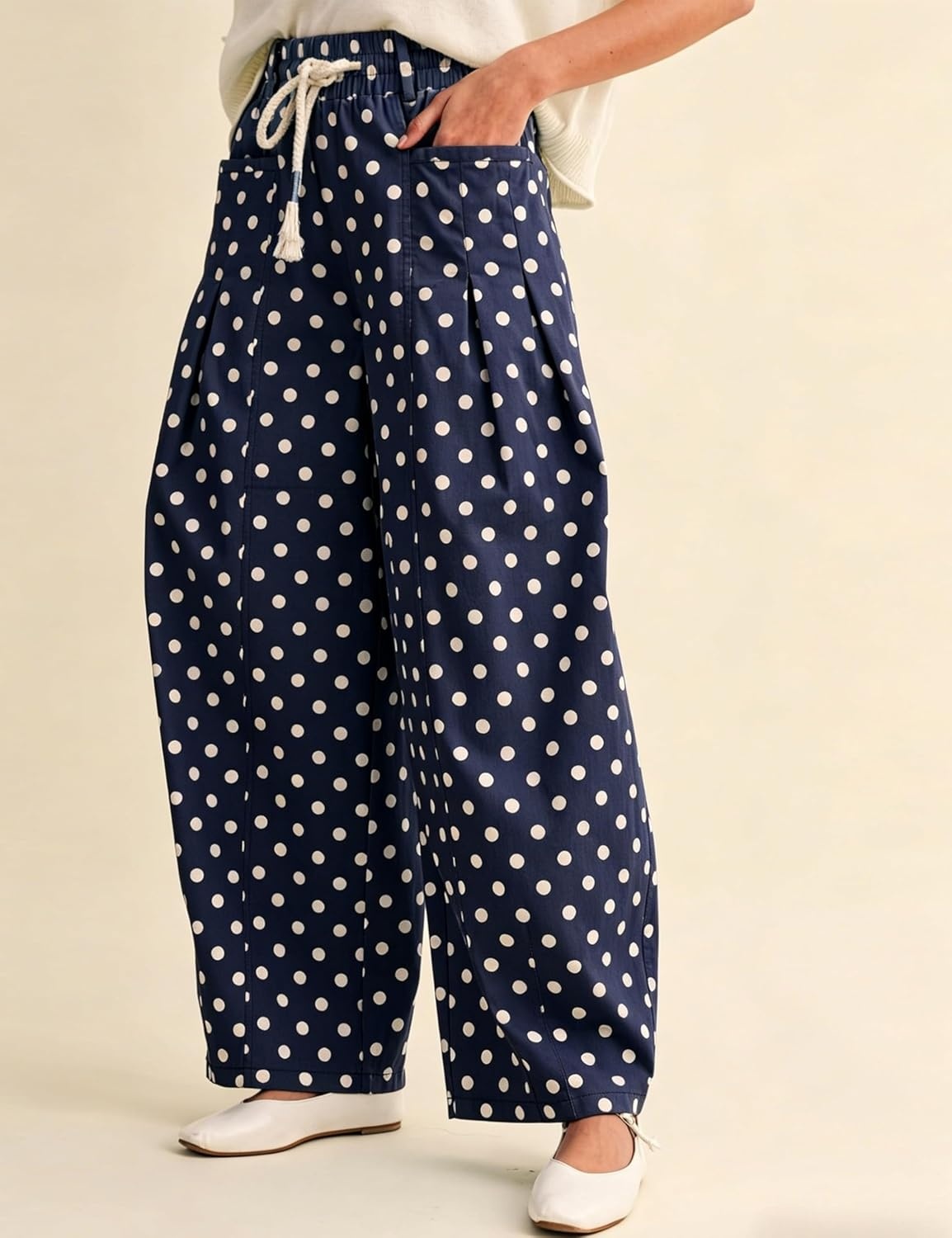 imageSpringrain Womens Polka Dot Wide Leg Pants High Waist Drawstring Pleated Barrel Trousers with PocketsNavy