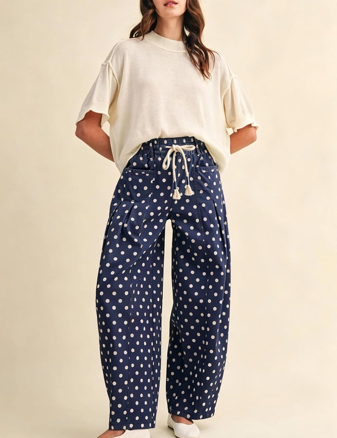 imageSpringrain Womens Polka Dot Wide Leg Pants High Waist Drawstring Pleated Barrel Trousers with PocketsNavy