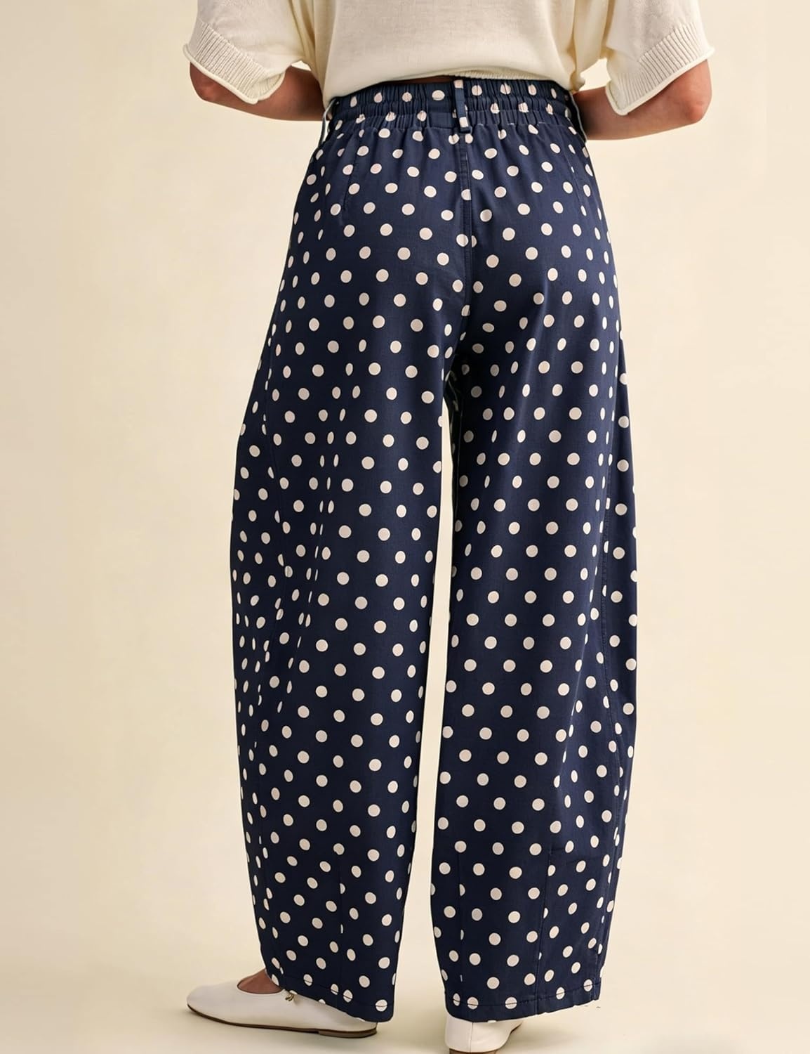 imageSpringrain Womens Polka Dot Wide Leg Pants High Waist Drawstring Pleated Barrel Trousers with PocketsNavy