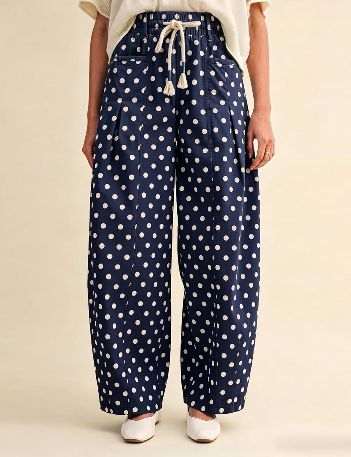 imageSpringrain Womens Polka Dot Wide Leg Pants High Waist Drawstring Pleated Barrel Trousers with PocketsNavy