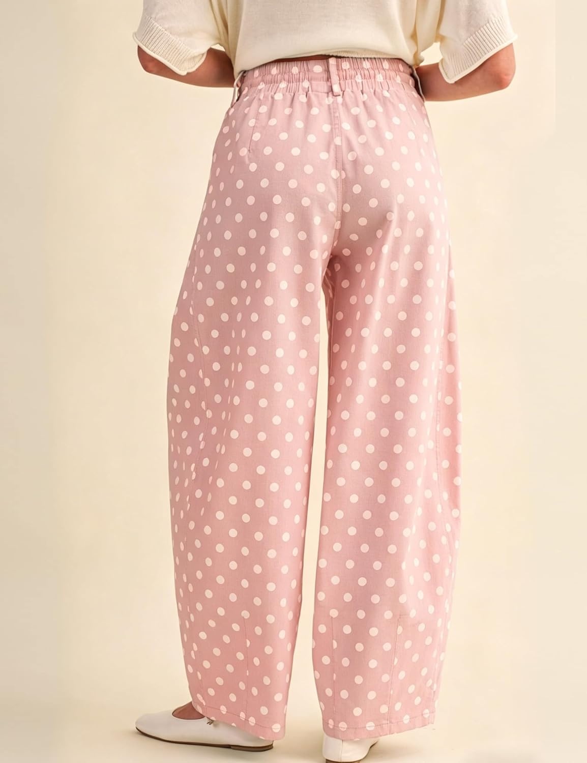 imageSpringrain Womens Polka Dot Wide Leg Pants High Waist Drawstring Pleated Barrel Trousers with PocketsPink