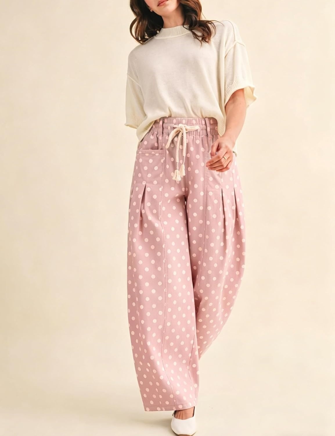 imageSpringrain Womens Polka Dot Wide Leg Pants High Waist Drawstring Pleated Barrel Trousers with PocketsPink