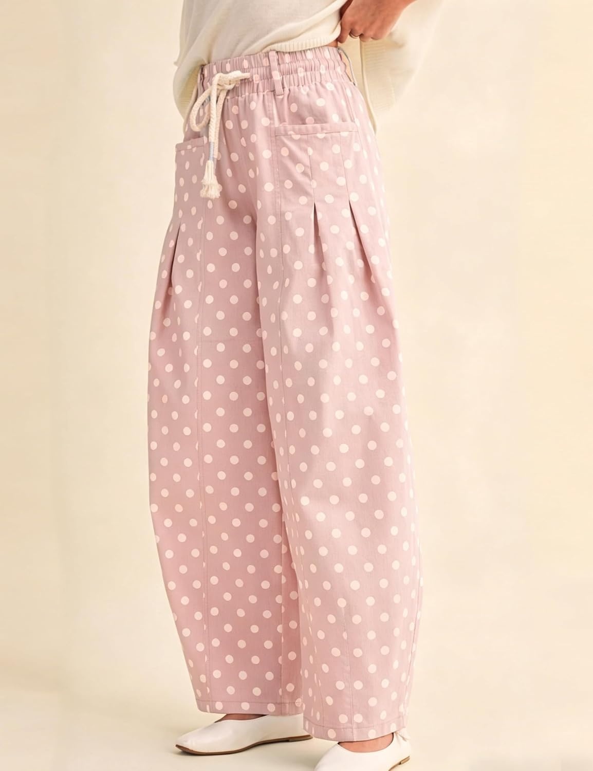 imageSpringrain Womens Polka Dot Wide Leg Pants High Waist Drawstring Pleated Barrel Trousers with PocketsPink