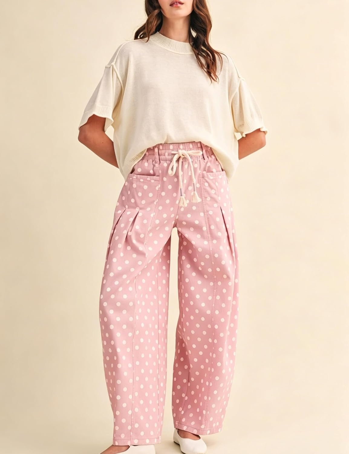 imageSpringrain Womens Polka Dot Wide Leg Pants High Waist Drawstring Pleated Barrel Trousers with PocketsPink