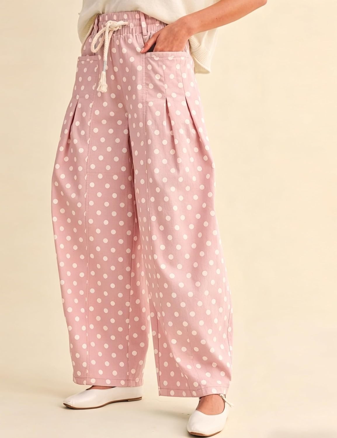 imageSpringrain Womens Polka Dot Wide Leg Pants High Waist Drawstring Pleated Barrel Trousers with PocketsPink