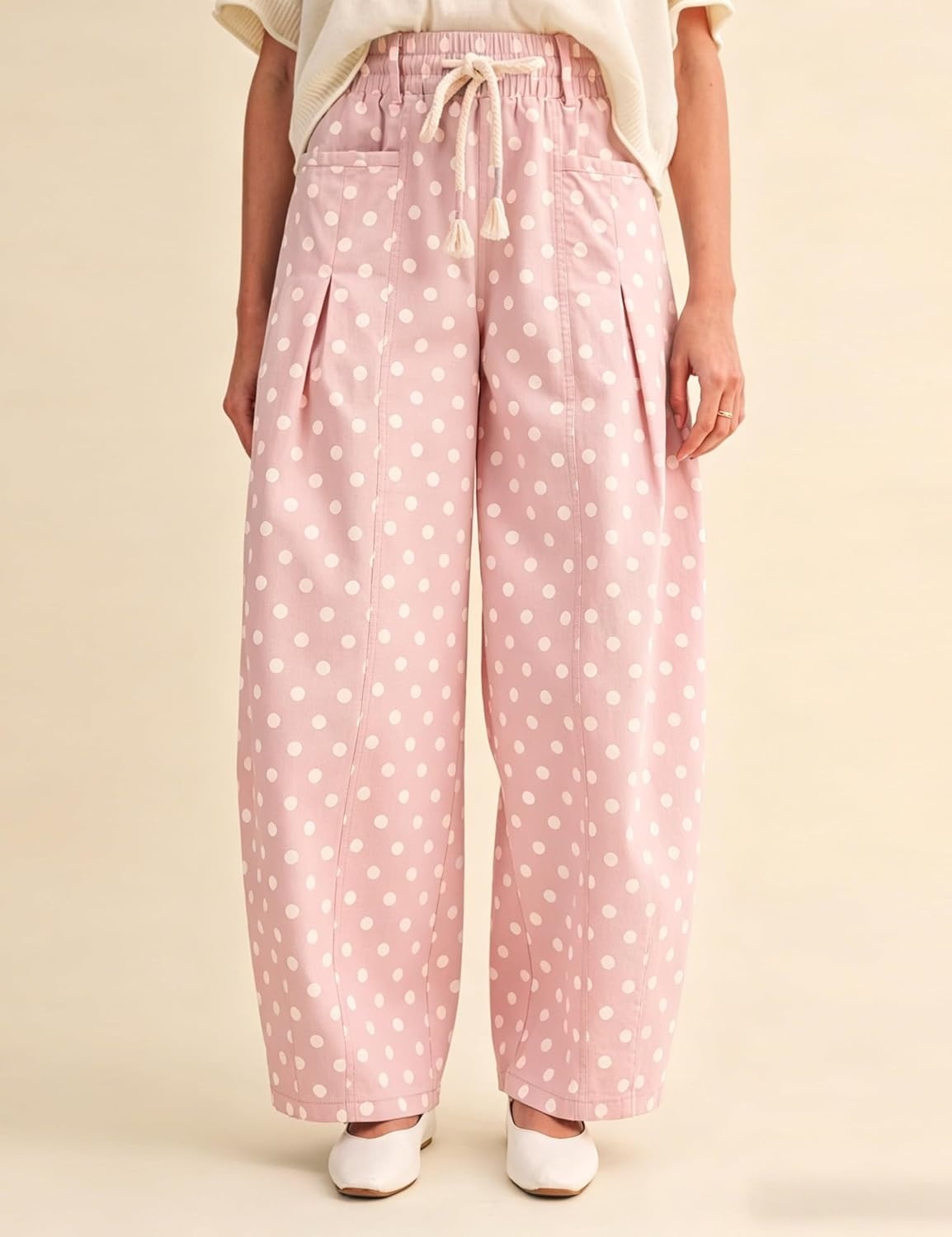 imageSpringrain Womens Polka Dot Wide Leg Pants High Waist Drawstring Pleated Barrel Trousers with PocketsPink