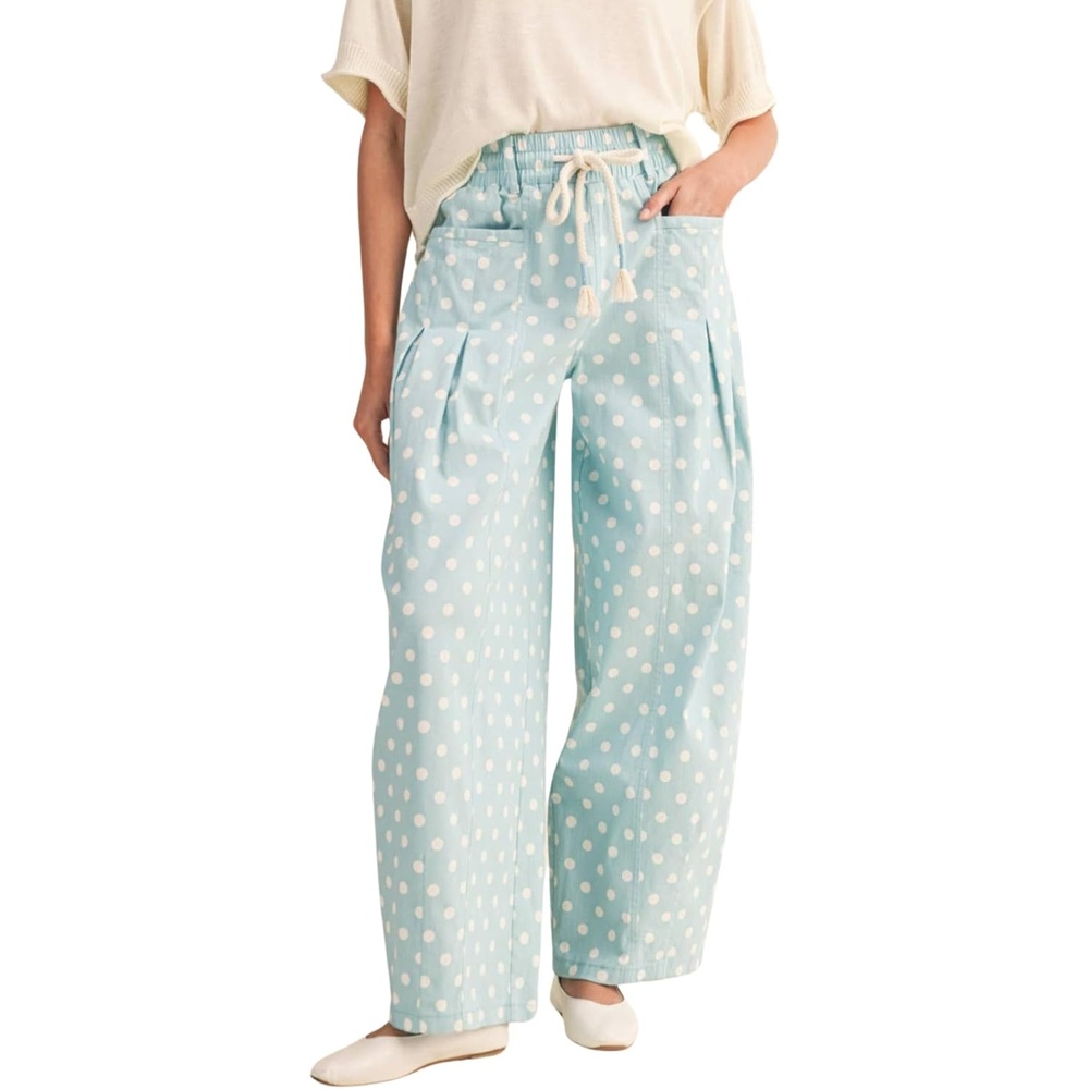 imageSpringrain Womens Polka Dot Wide Leg Pants High Waist Drawstring Pleated Barrel Trousers with PocketsBlue