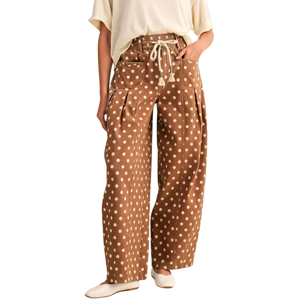 imageSpringrain Womens Polka Dot Wide Leg Pants High Waist Drawstring Pleated Barrel Trousers with PocketsBrown
