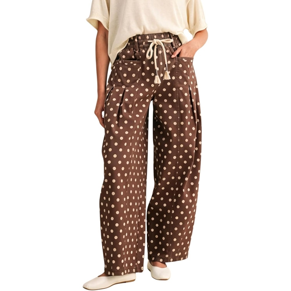 imageSpringrain Womens Polka Dot Wide Leg Pants High Waist Drawstring Pleated Barrel Trousers with PocketsCoffee