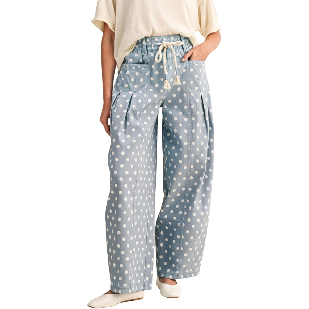 imageSpringrain Womens Polka Dot Wide Leg Pants High Waist Drawstring Pleated Barrel Trousers with PocketsDustyblue