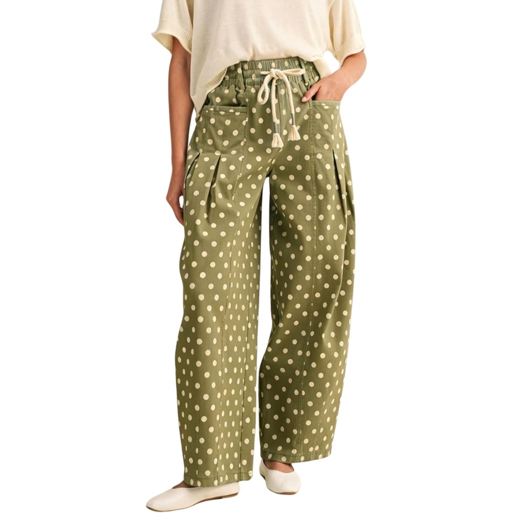 imageSpringrain Womens Polka Dot Wide Leg Pants High Waist Drawstring Pleated Barrel Trousers with PocketsGreen
