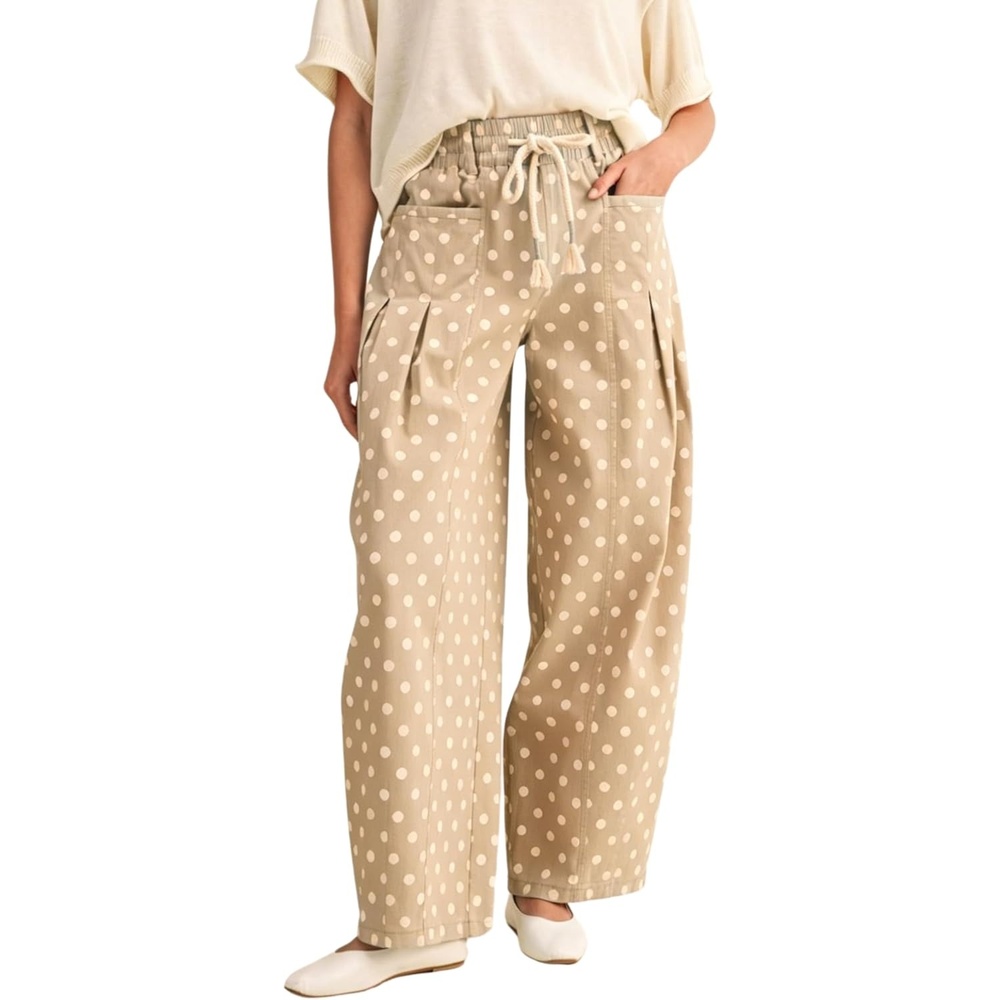 imageSpringrain Womens Polka Dot Wide Leg Pants High Waist Drawstring Pleated Barrel Trousers with PocketsKhaki