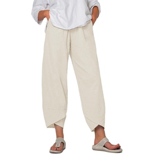 Springrain Women’s Capri Pants Casual Summer Cotton Linen Cropped Tulip Pants Lounge Pants Trousers(Beige)