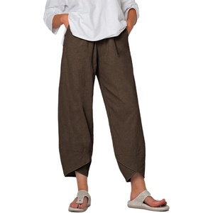 Springrain Women’s Capri Pants Casual Summer Cotton Linen Cropped Tulip Pants Lounge Pants Trousers(Coffee)