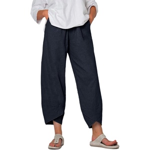 Springrain Women’s Capri Pants Casual Summer Cotton Linen Cropped Tulip Pants Lounge Pants Trousers(Navy)