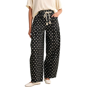 Springrain Women’s Polka Dot Wide Leg Pants High Waist Drawstring Pleated Barrel Trousers with Pockets(Black)