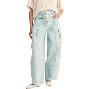 Springrain Women’s Polka Dot Wide Leg Pants High Waist Drawstring Pleated Barrel Trousers with Pockets(Blue)