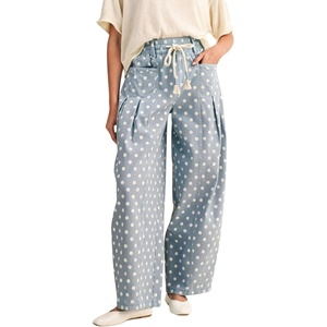 Springrain Women’s Polka Dot Wide Leg Pants High Waist Drawstring Pleated Barrel Trousers with Pockets(Dustyblue)