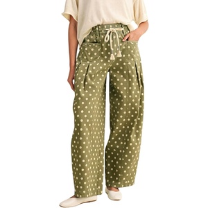 Springrain Women’s Polka Dot Wide Leg Pants High Waist Drawstring Pleated Barrel Trousers with Pockets(Green)