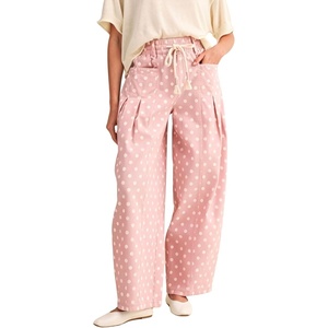 Springrain Women’s Polka Dot Wide Leg Pants High Waist Drawstring Pleated Barrel Trousers with Pockets(Pink)