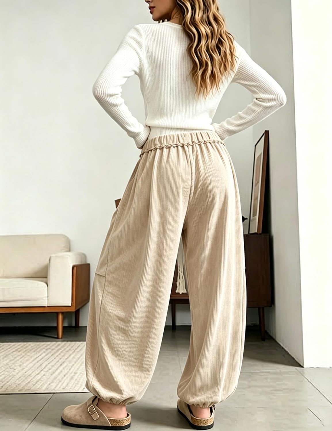 image:imageSpringrain Women Corduroy Baggy Wide Leg Pants Drawstring Harem PantsBeige