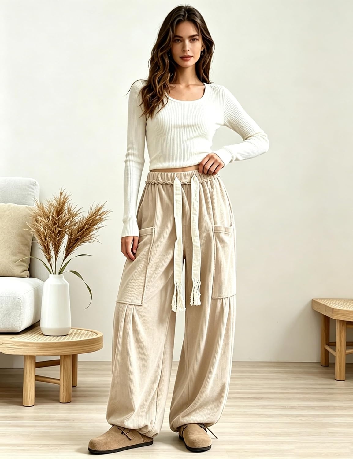 image:imageSpringrain Women Corduroy Baggy Wide Leg Pants Drawstring Harem PantsBeige