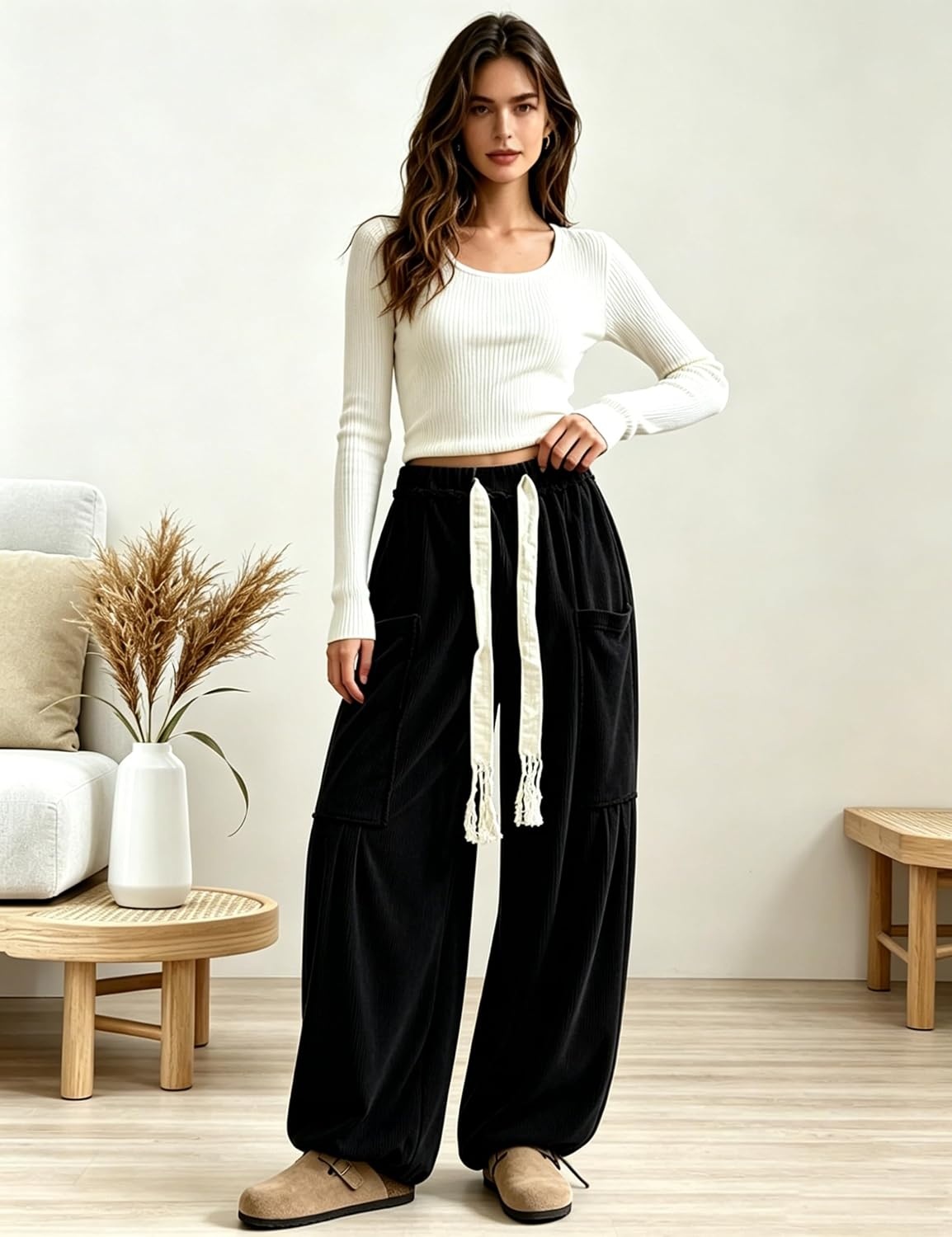 image:imageSpringrain Women Corduroy Baggy Wide Leg Pants Drawstring Harem PantsBlack