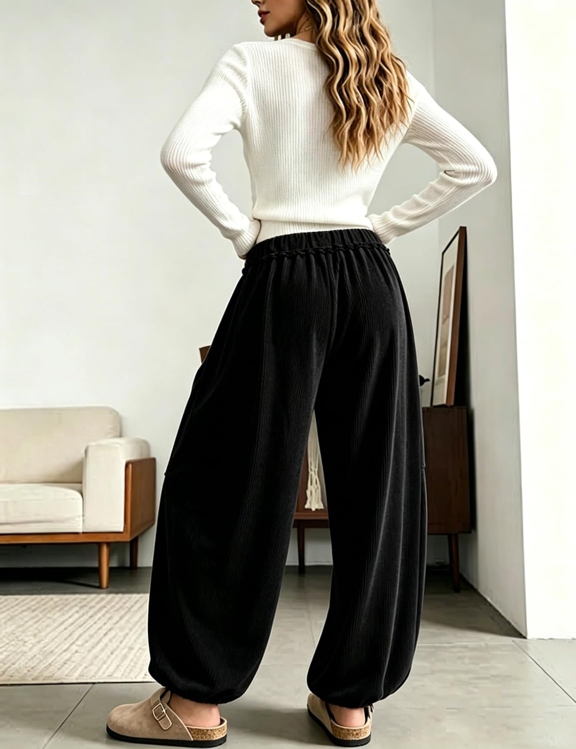 image:imageSpringrain Women Corduroy Baggy Wide Leg Pants Drawstring Harem PantsBlack