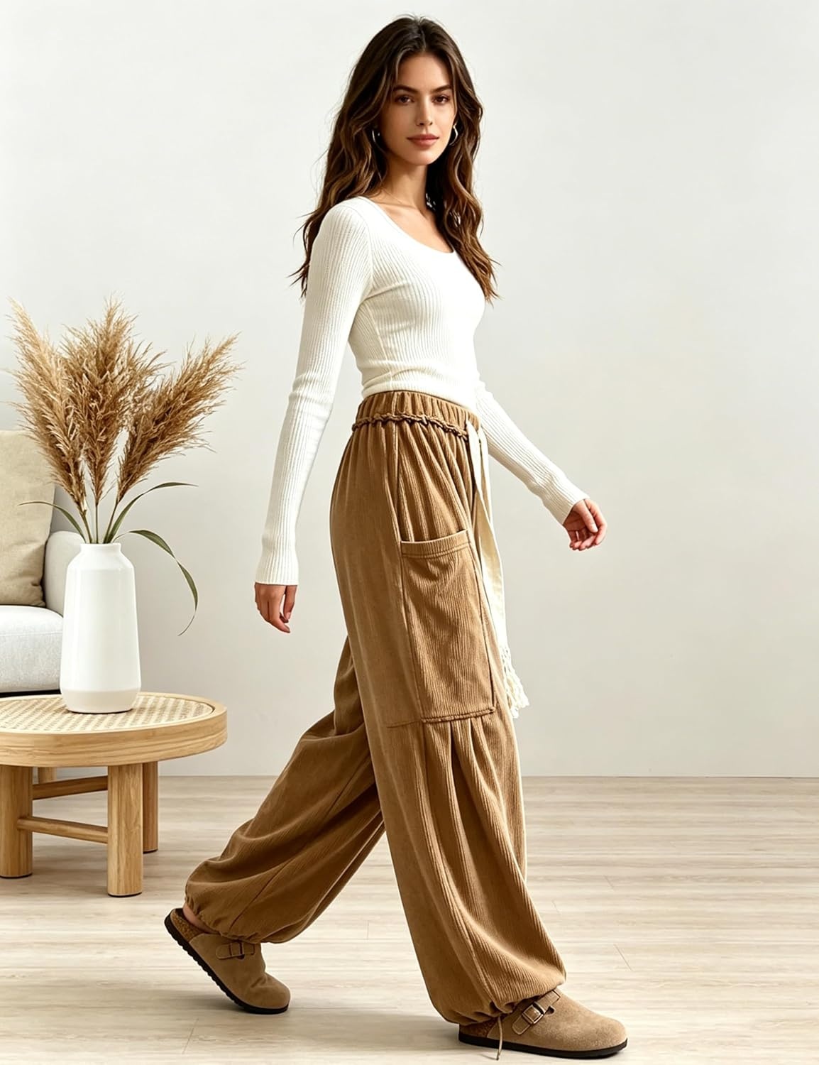 image:imageSpringrain Women Corduroy Baggy Wide Leg Pants Drawstring Harem PantsBrown