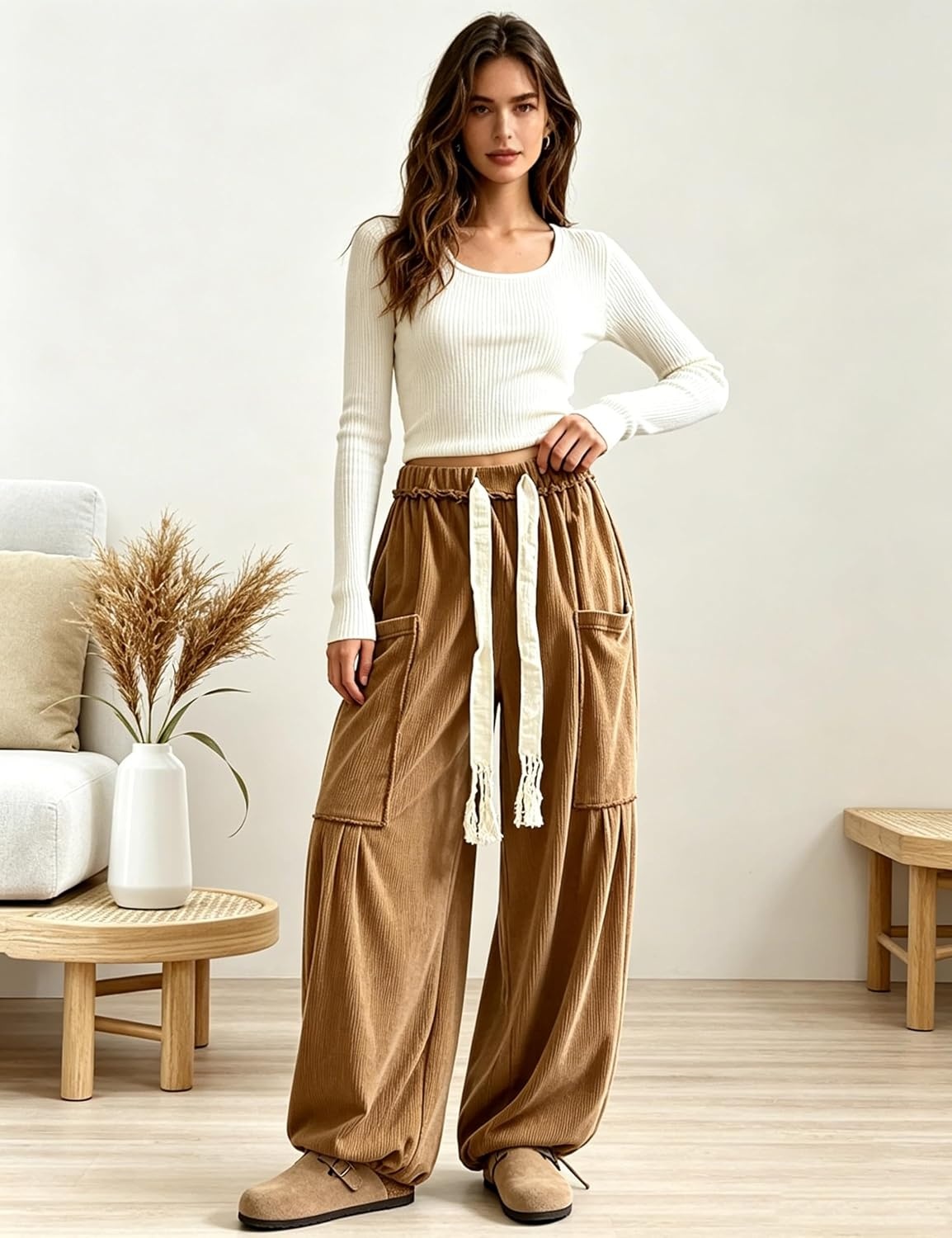 image:imageSpringrain Women Corduroy Baggy Wide Leg Pants Drawstring Harem PantsBrown