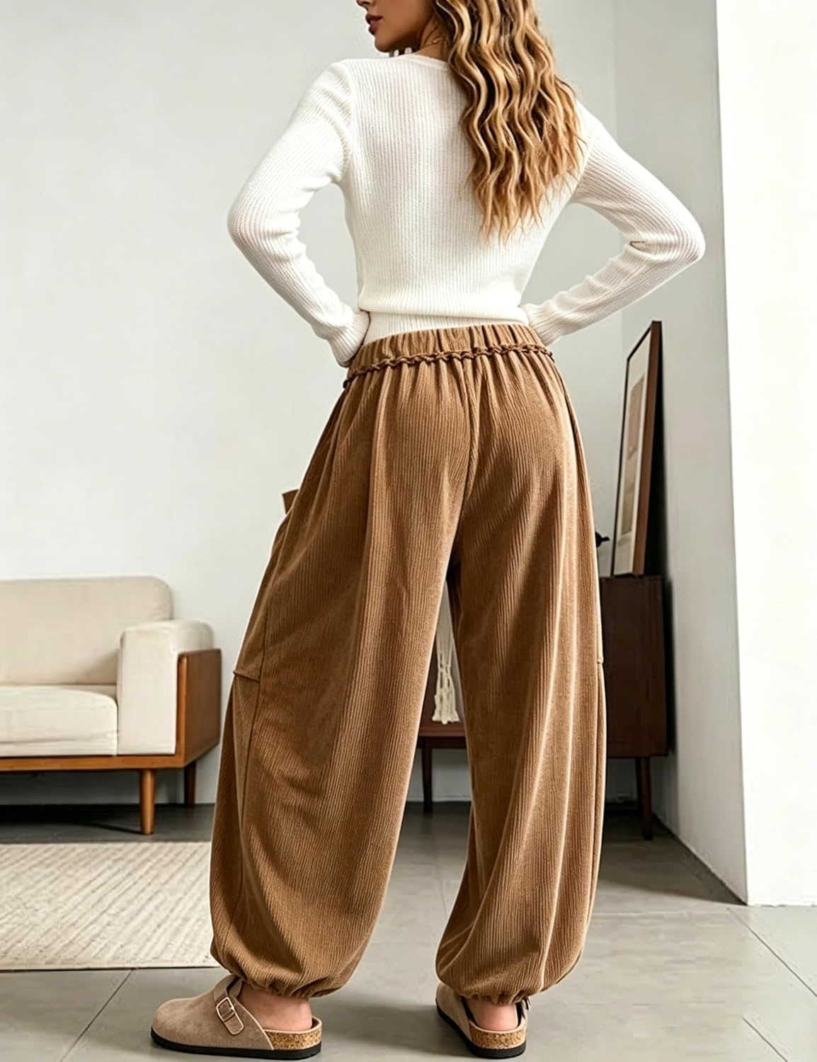 image:imageSpringrain Women Corduroy Baggy Wide Leg Pants Drawstring Harem PantsBrown