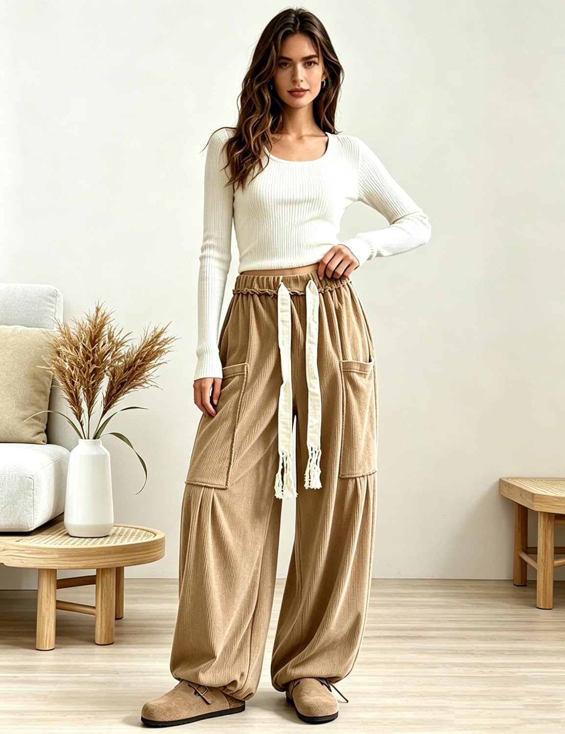 image:imageSpringrain Women Corduroy Baggy Wide Leg Pants Drawstring Harem PantsKhaki