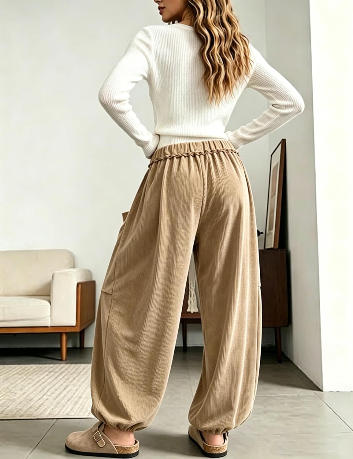 image:imageSpringrain Women Corduroy Baggy Wide Leg Pants Drawstring Harem PantsKhaki