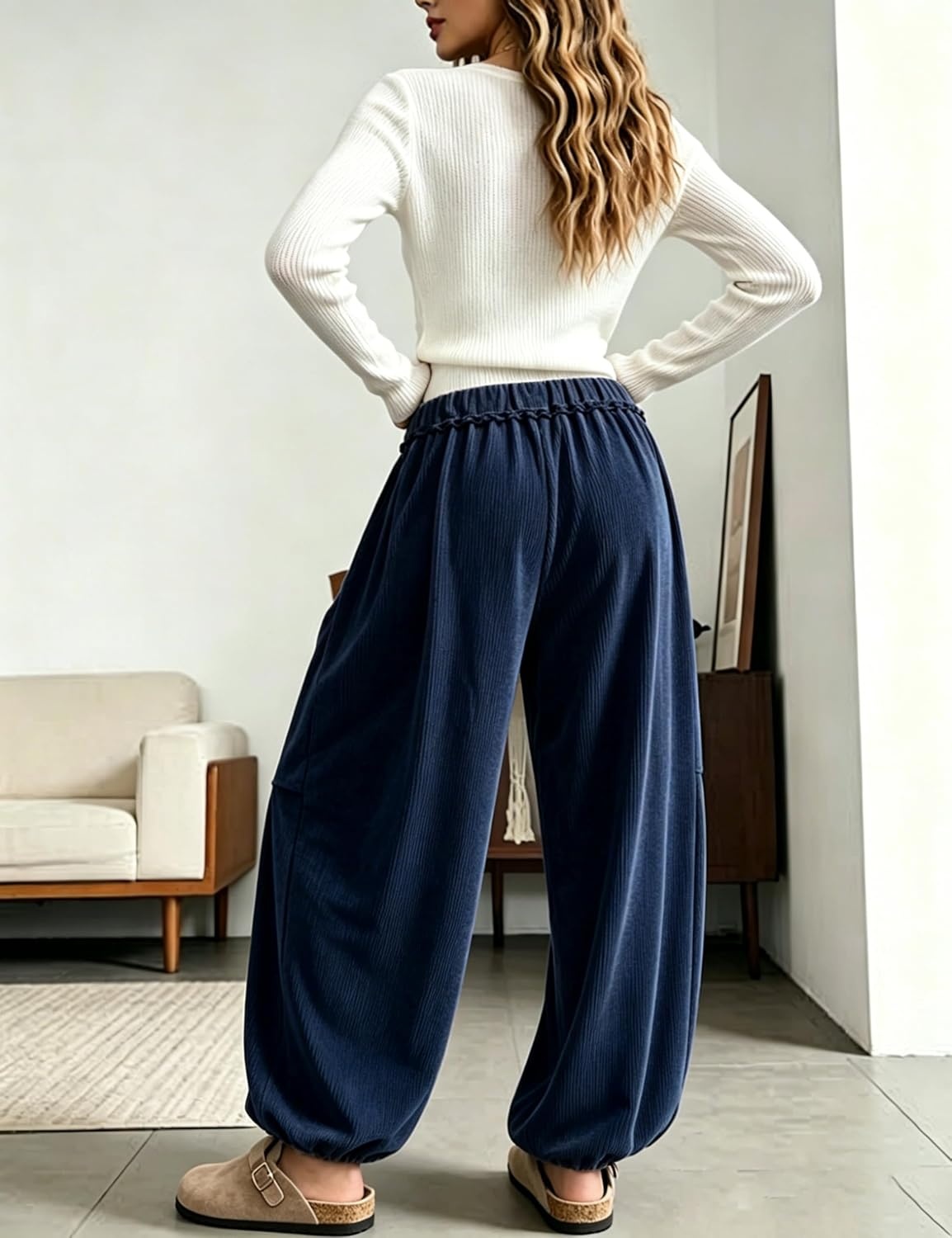 image:imageSpringrain Women Corduroy Baggy Wide Leg Pants Drawstring Harem PantsNavy