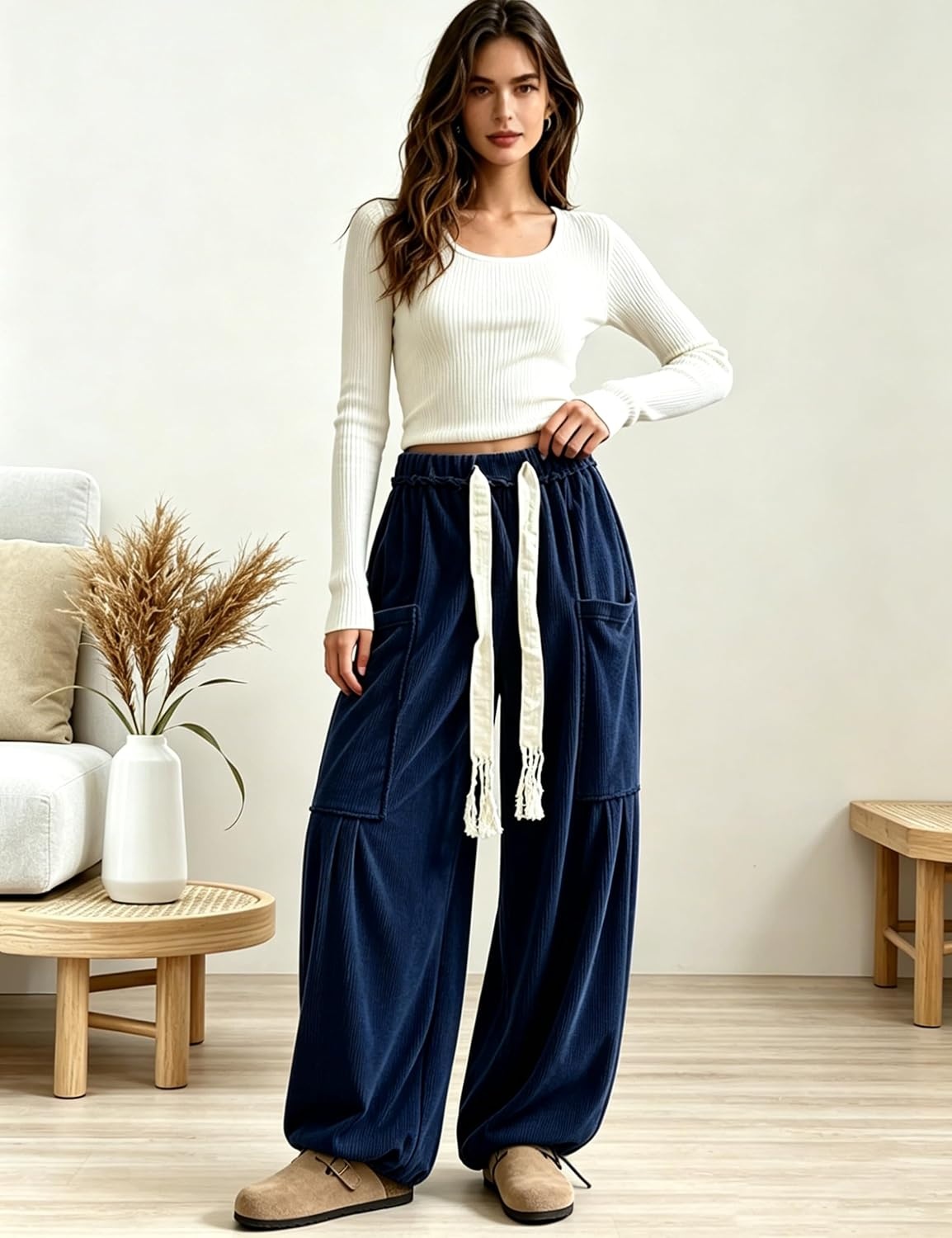 image:imageSpringrain Women Corduroy Baggy Wide Leg Pants Drawstring Harem PantsNavy