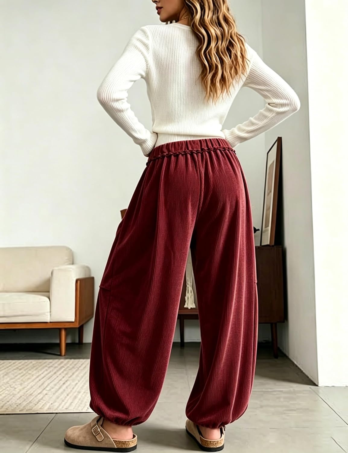 image:imageSpringrain Women Corduroy Baggy Wide Leg Pants Drawstring Harem PantsWinered