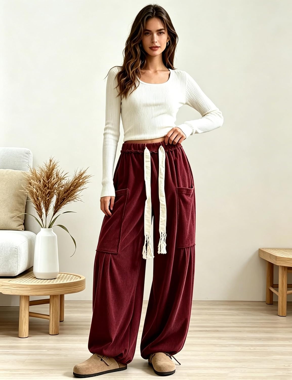 image:imageSpringrain Women Corduroy Baggy Wide Leg Pants Drawstring Harem PantsWinered