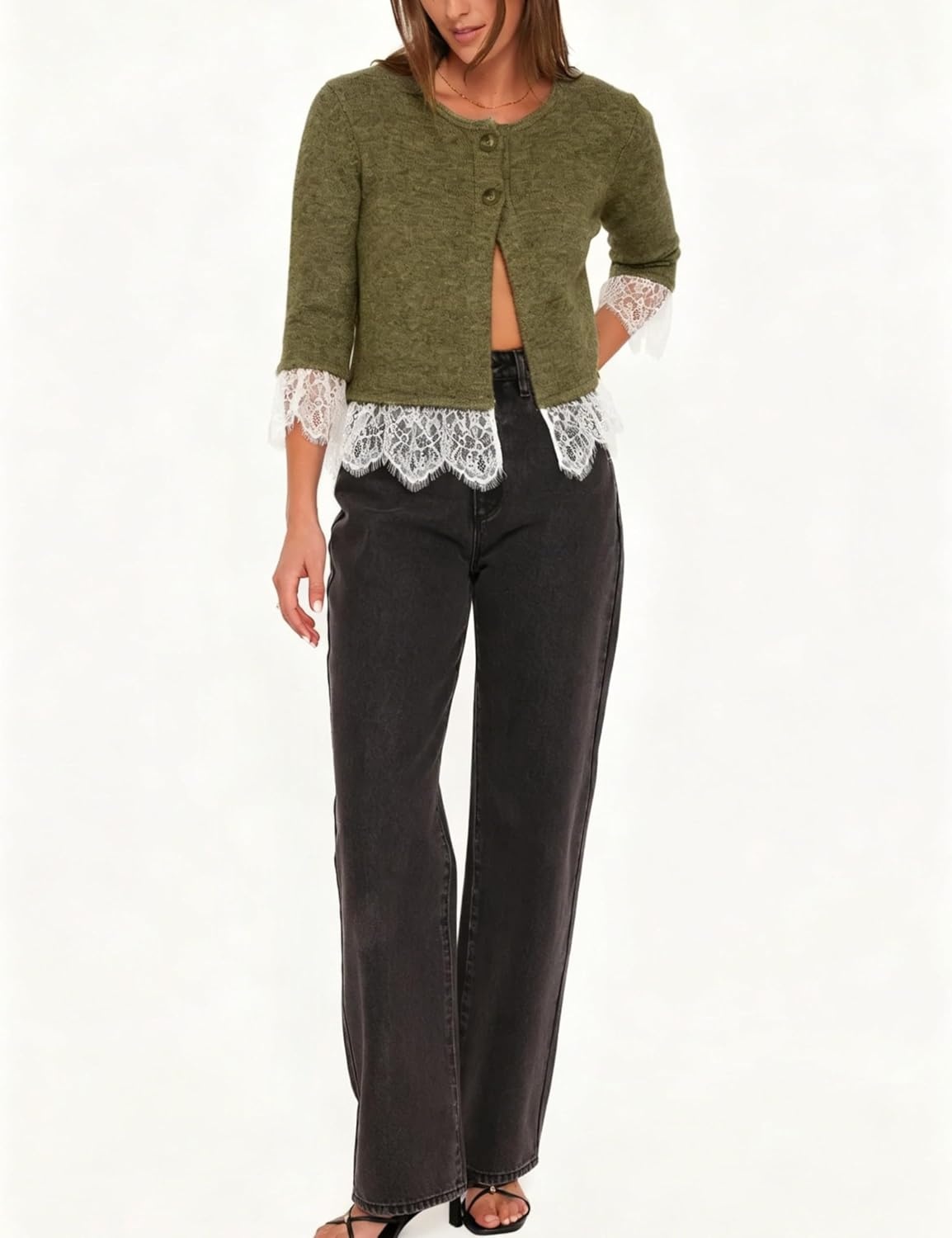 image:imageSpringrain Womens Lace Trim Knit Cardigan Button Down 34 Sleeve Cropped Sweater Spring Fall OutfitsArmygreen