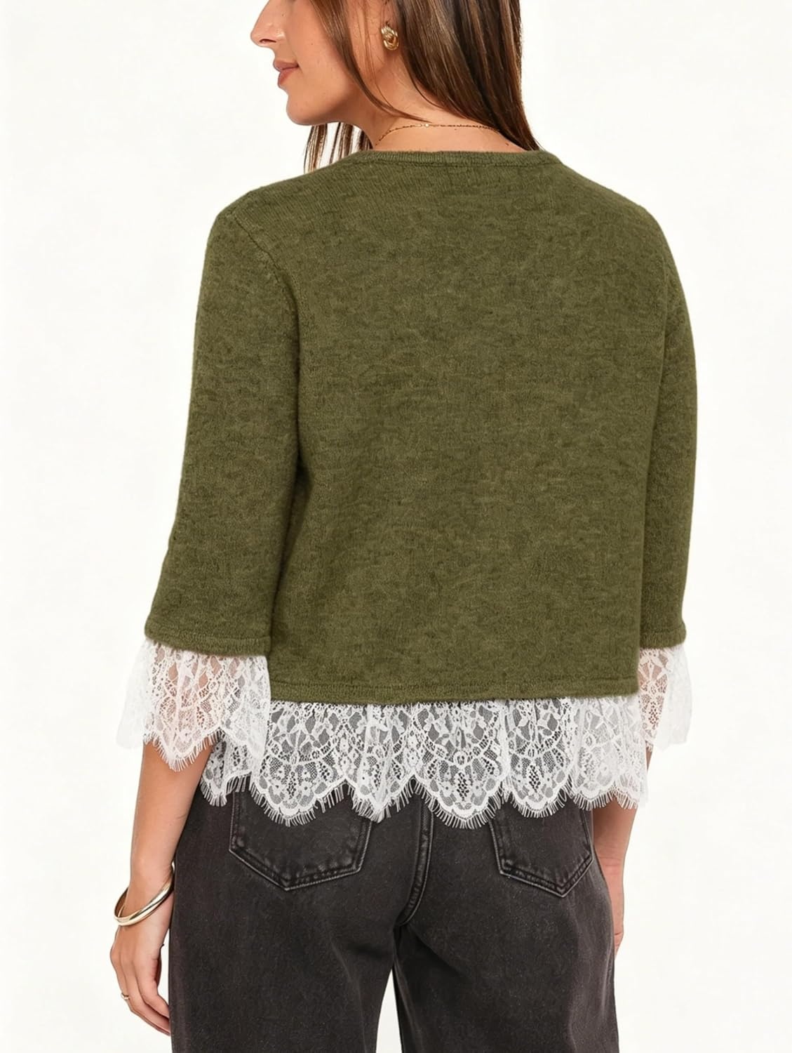 image:imageSpringrain Womens Lace Trim Knit Cardigan Button Down 34 Sleeve Cropped Sweater Spring Fall OutfitsArmygreen