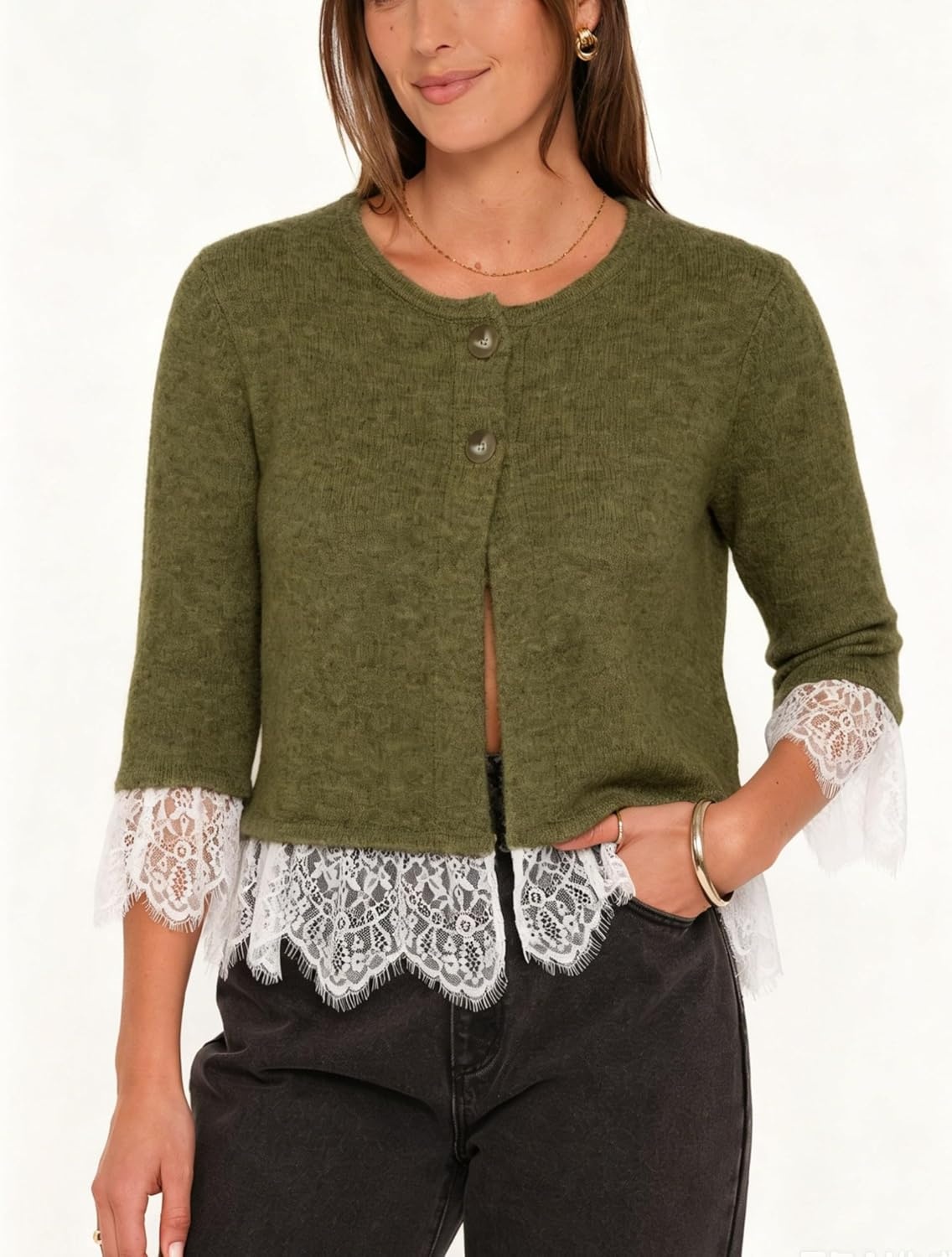 image:imageSpringrain Womens Lace Trim Knit Cardigan Button Down 34 Sleeve Cropped Sweater Spring Fall OutfitsArmygreen