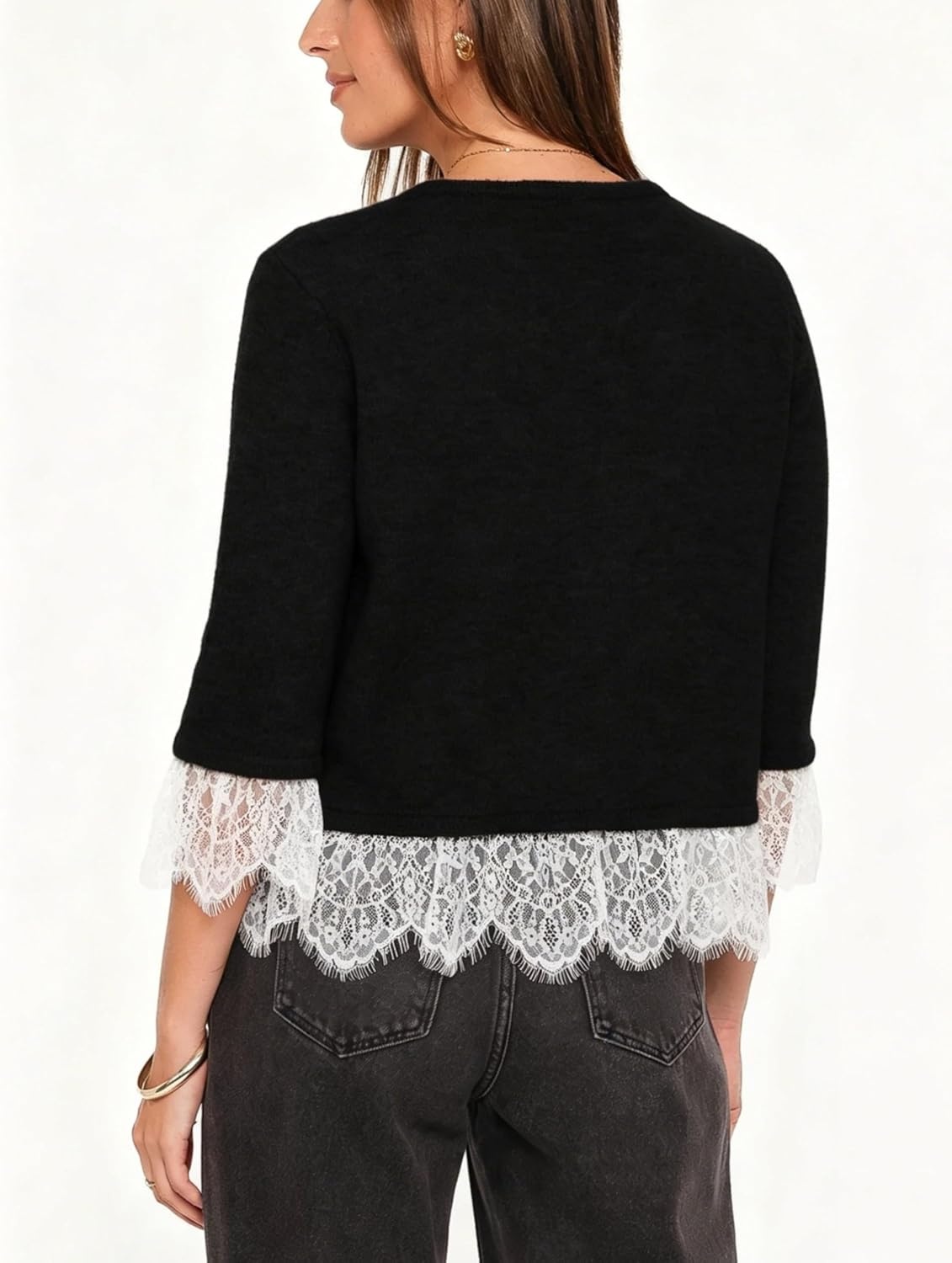 image:imageSpringrain Womens Lace Trim Knit Cardigan Button Down 34 Sleeve Cropped Sweater Spring Fall OutfitsBlack