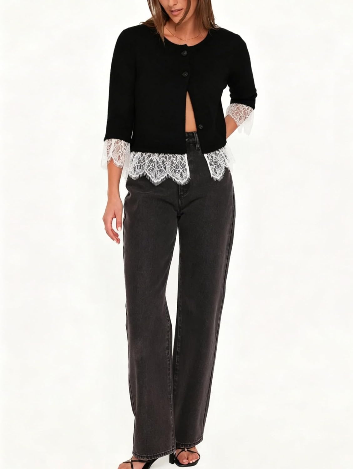 image:imageSpringrain Womens Lace Trim Knit Cardigan Button Down 34 Sleeve Cropped Sweater Spring Fall OutfitsBlack