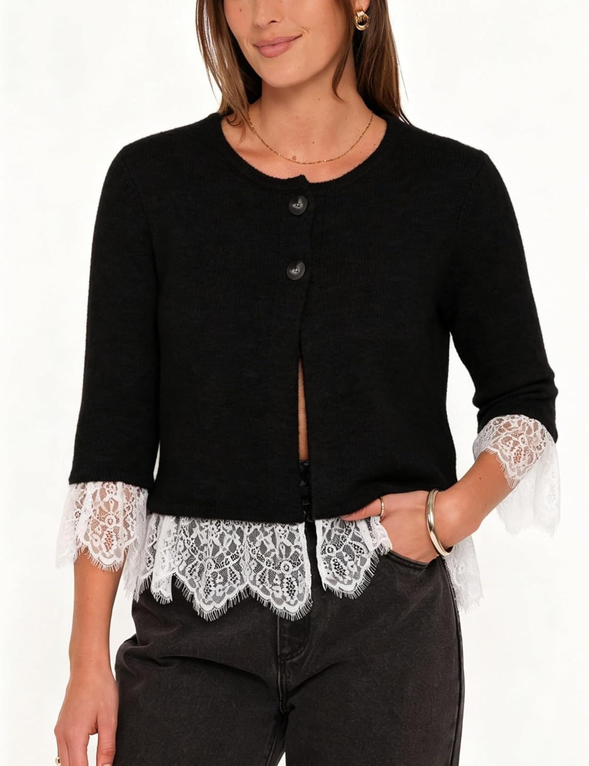 image:imageSpringrain Womens Lace Trim Knit Cardigan Button Down 34 Sleeve Cropped Sweater Spring Fall OutfitsBlack