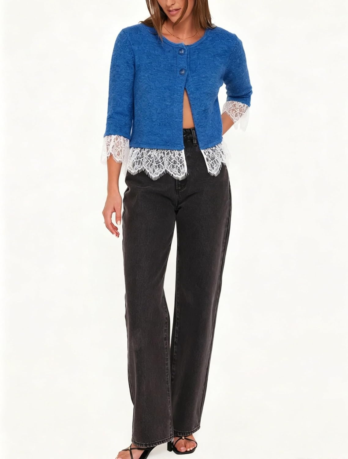 image:imageSpringrain Womens Lace Trim Knit Cardigan Button Down 34 Sleeve Cropped Sweater Spring Fall OutfitsBlue