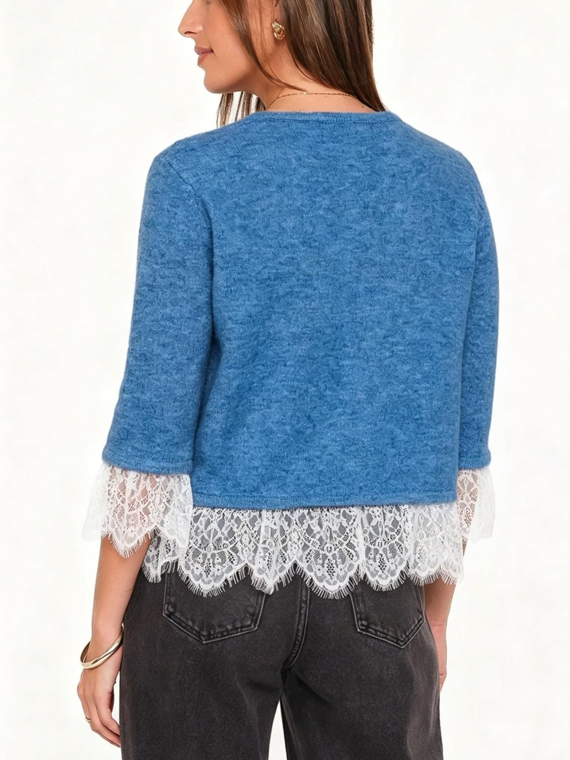 image:imageSpringrain Womens Lace Trim Knit Cardigan Button Down 34 Sleeve Cropped Sweater Spring Fall OutfitsBlue